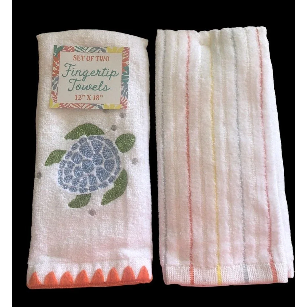 Sea Turtle Striped Fingertip Towels Embroidered Beach House Bathroom Set of 2